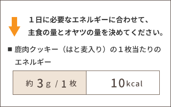 1日に必要なエネルギーに合わせて、主食の量とオヤツの量を決めてください。